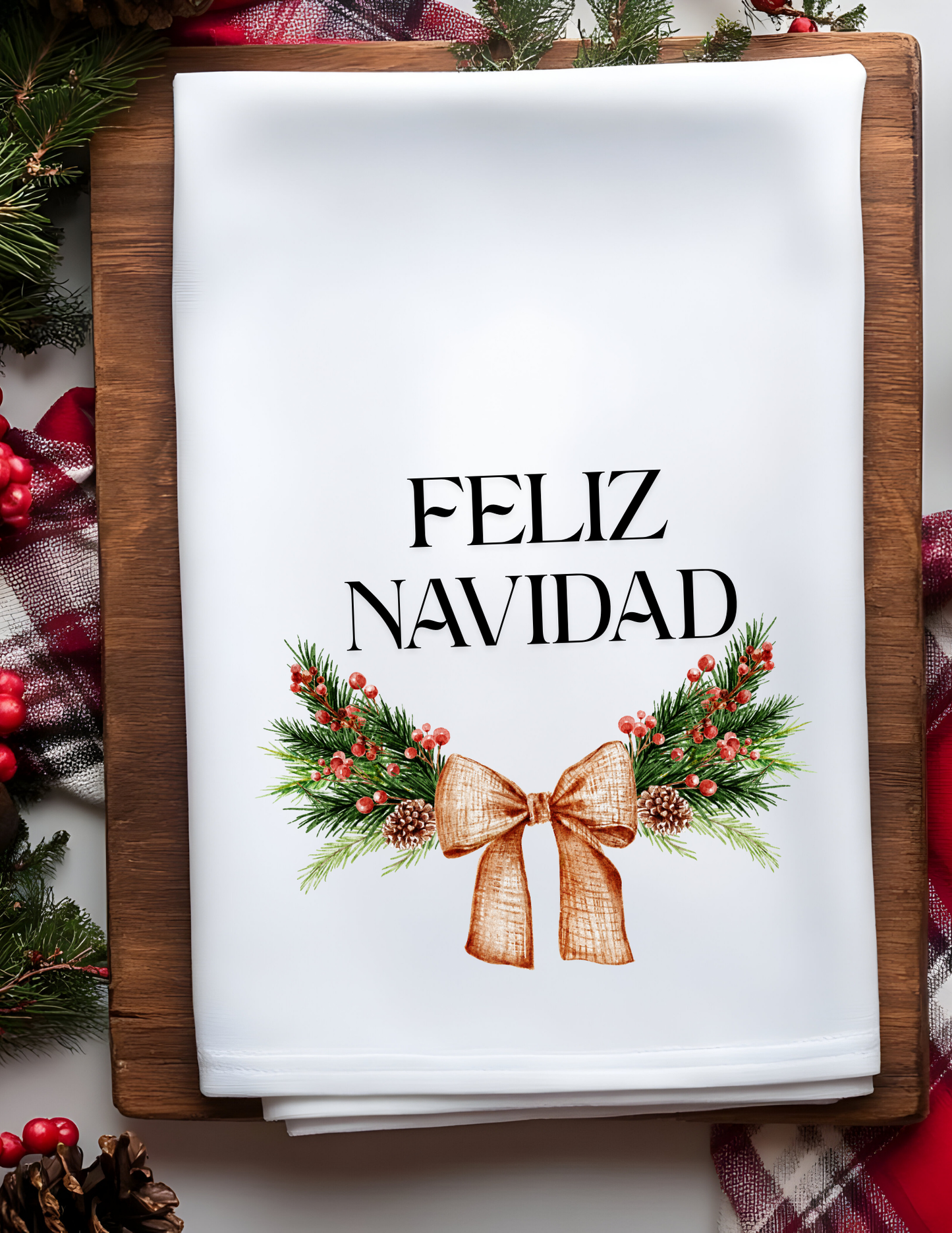 Feliz Navidad- Gold Bow Christmas Wreath Plush Waffle Kitchen Towel