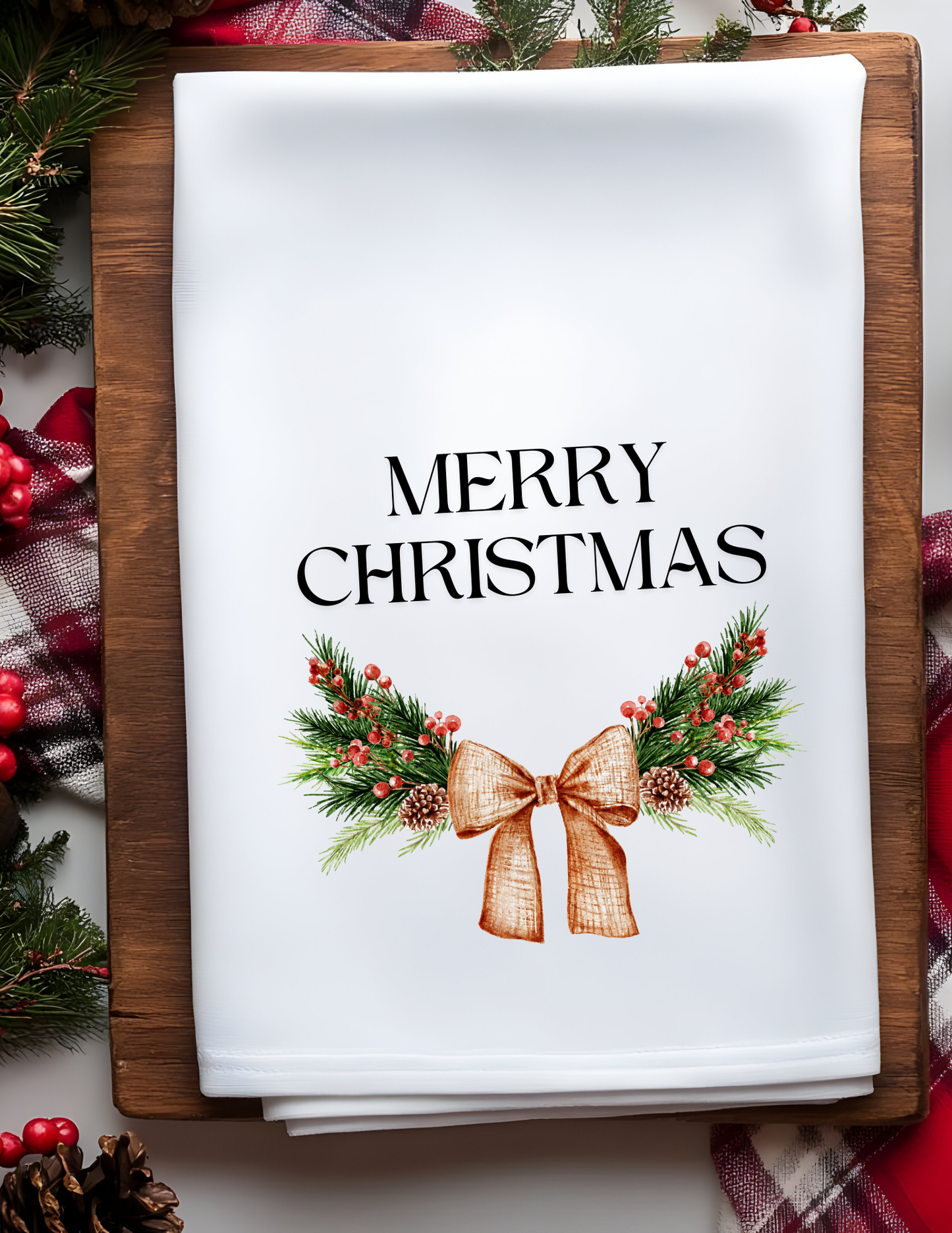 Merry Christmas - Gold Bow Christmas Wreath Plush Waffle Kitchen Towel