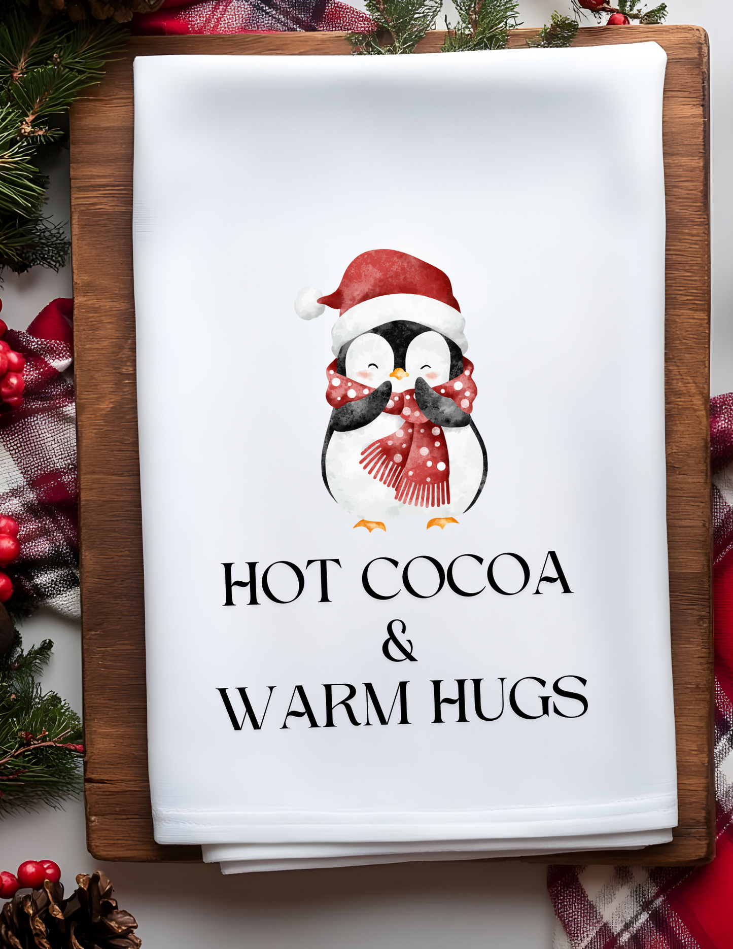Hot Cocoa & Warm Hugs Penguin Christmas Plush Waffle Kitchen Towel
