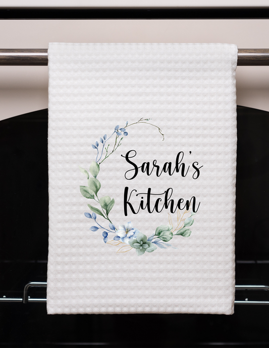 Personalized Blue Florals Waffle Weave Towel