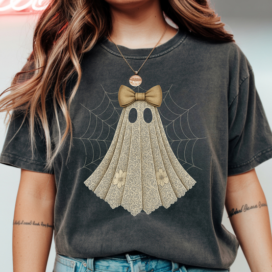 Ghost with Bow Web  Coquette Comfort Colors Halloween Shirt