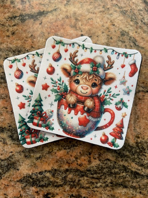 Merry Moo Christmas Highland Coaster