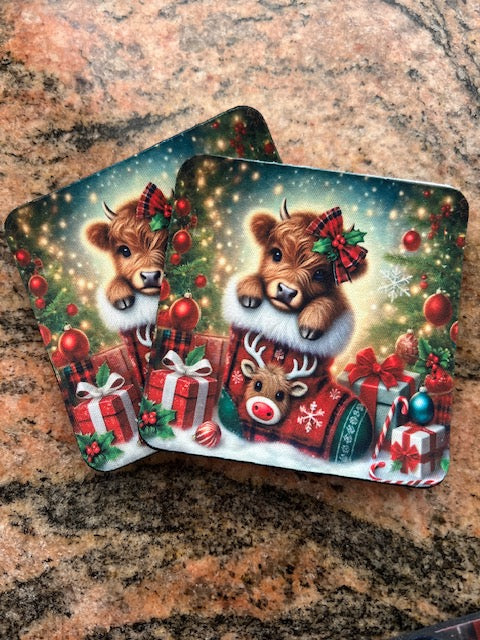Moo-tiful Christmas Highland Coaster
