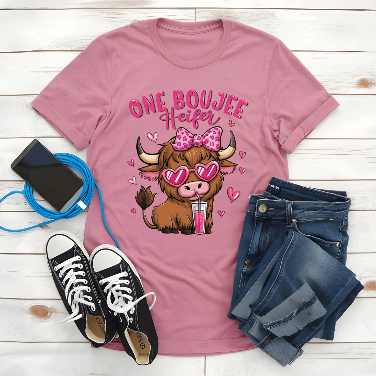 Boujie Cow Valentines Shirt, Highland Cow Valentines Short Sleeve Shirt